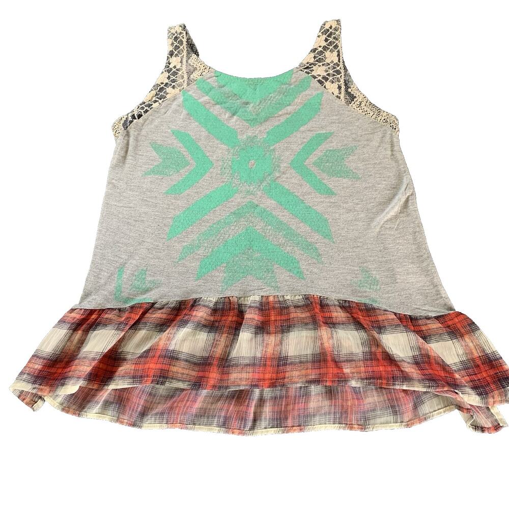 Anthropologie x Scrapbook Mixed Media Tank Top Medium Plaid Ruffle Tribal Design